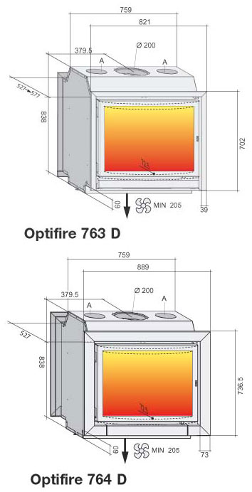 OptiFire 763D/764D - rysunek techniczny